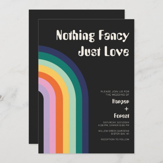 Retro Rainbow Moderne 70er Dark Wedding Einladung (Vorne/Hinten)
