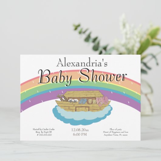 Retro Rainbow Noahs Ark Baby Shower Einladung (Stehend Vorderseite)