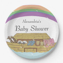 Retro Rainbow Noahs Ark Baby Shower Pappteller