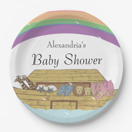 Retro Rainbow Noahs Ark Baby Shower Pappteller (Vorderseite)