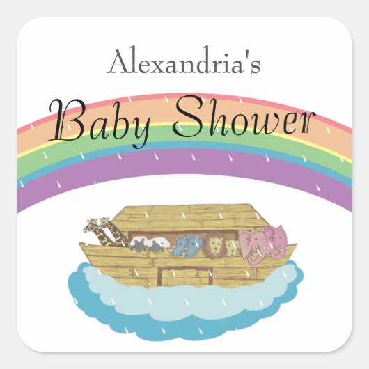 Retro Rainbow Noahs Ark Baby Shower Quadratischer Aufkleber (Vorderseite)