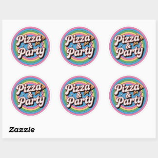 Retro Rainbow Pizza and Party Birthday Round Stick Runder Aufkleber