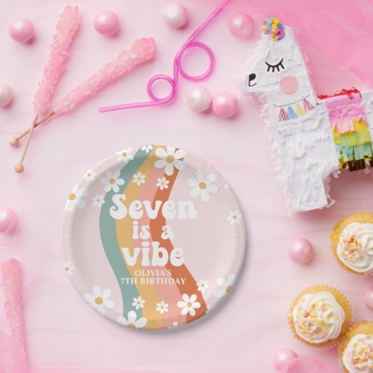 Retro Rainbow Seven ist ein Vibe Daisy 7. Geburtst Pappteller (Party)