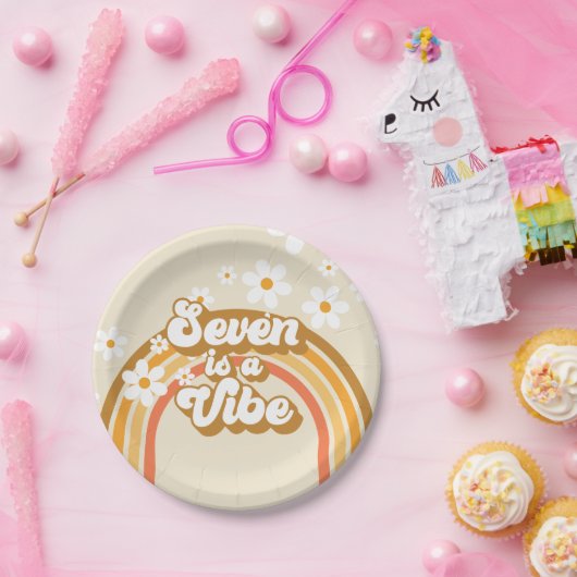 Retro Rainbow Seven ist ein Vibe Groovy 7. Geburts Pappteller (Party)