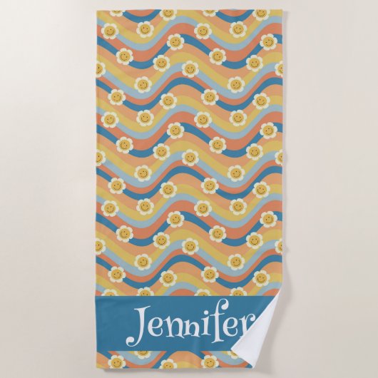 Retro Rainbow Smiley Blume Strandtuch (Vorderseite)