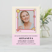 Retro Rainbow Sun Foto Pink 66. Geburtstag Einladung (Stehend Vorderseite)