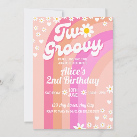 Retro Rainbow Two Groovy Einladung (Vorderseite)
