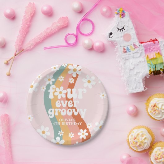 Retro Rainbow Vier je Groovy Daisy Pappteller (Party)