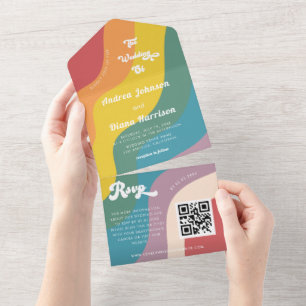 Retro Rainbow Wave LGBTQ Gay Pride QR Code Wedding All In One Einladung