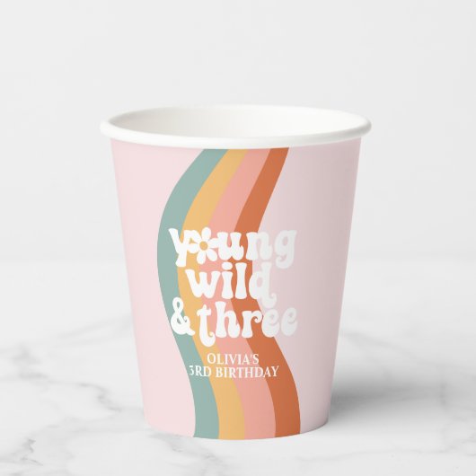 Retro Rainbow Young Wild Three Daisy Pappbecher (Vorderseite)