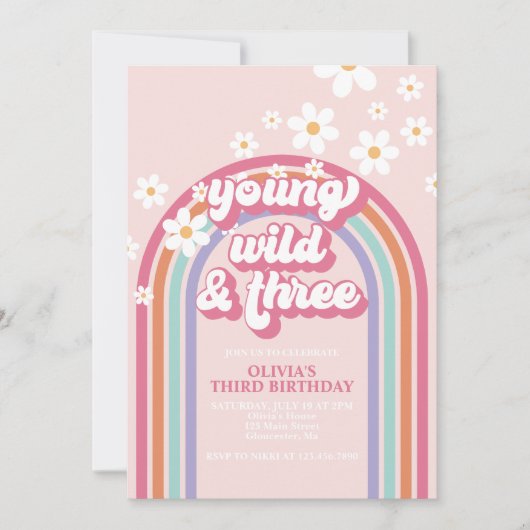 Retro Rainbow Young Wild Three Einladung (Vorderseite)