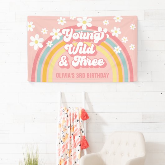 Retro Rainbow Young Wild Three Groovy Banner (Insitu)