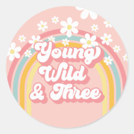 Retro Rainbow Young Wild und 3. Geburtstag Runder Aufkleber