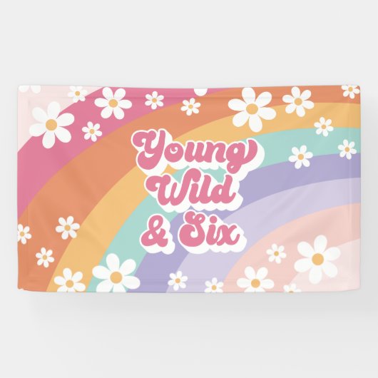 Retro Rainbow Young Wild und 6. Geburtstag Banner (Horizontal)