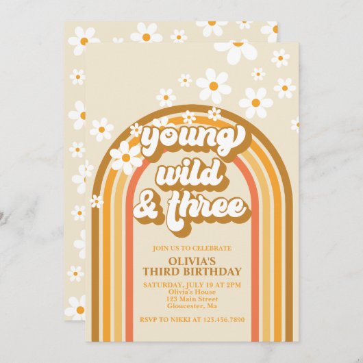 Retro Rainbow Young Wild und Three Birthday Einladung (Vorne/Hinten)