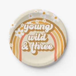 Retro Rainbow Young Wild und Three Birthday Pappteller