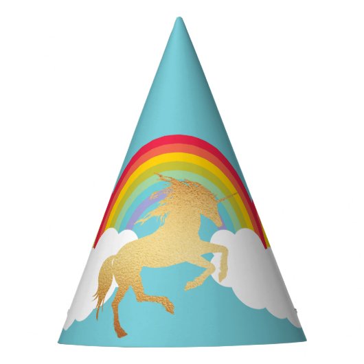 Retro Rainbows Wolken und Gold Unicorn Partyhütchen (Vorderseite)