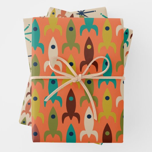 Retro-Raketen des Atomalters und Sternexplosionen Geschenkpapier Set (Beispiel)