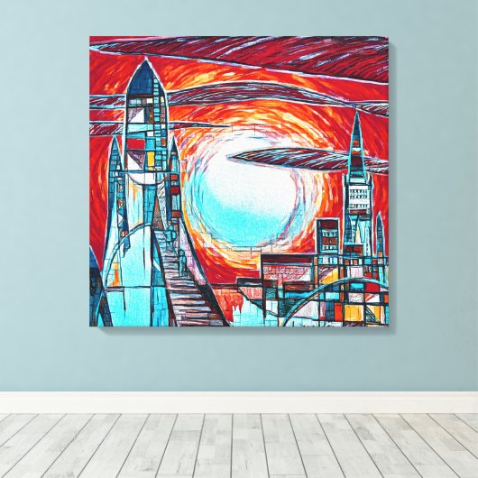 Retro-Raketen Farbenfrohe Raumforschung Print Leinwanddruck (Insitu (Holzboden))