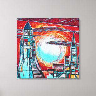 Retro-Raketen Farbenfrohe Raumforschung Print Leinwanddruck