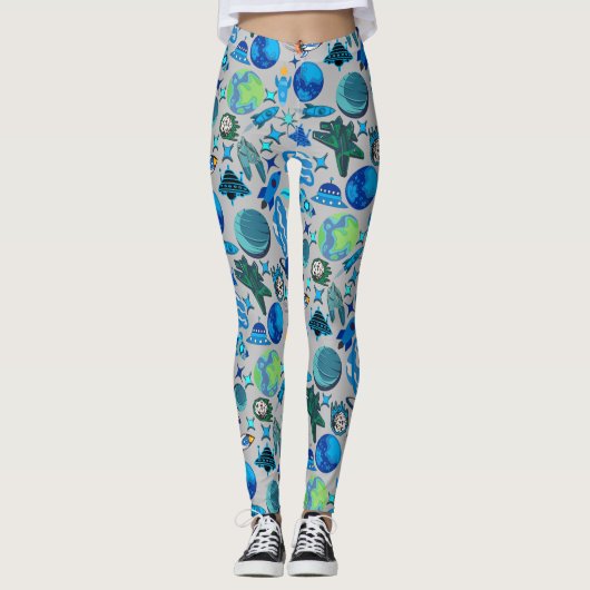 Retro-Raketen im Weltraum. L Gray BG Leggings (Vorderseite)
