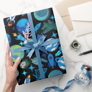 Retro-Raketen im Weltraum.Schwarze BG Geschenkpapier