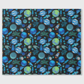 Retro-Raketen im Weltraum.Schwarze BG Geschenkpapier (Flach)