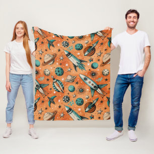 Retro-Raketen-Weltraummuster Terrakotta Türkis Fleecedecke