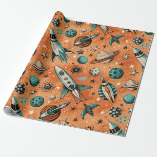 Retro-Raketen-Weltraummuster Terrakotta Türkis Geschenkpapier