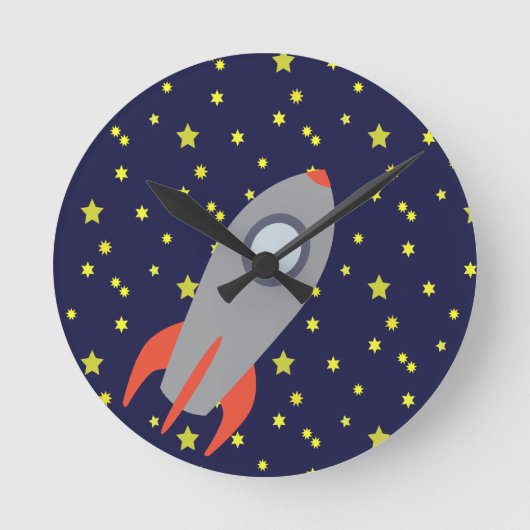 Retro-Raketenschiff mit Hintergrundbild des Sternm Runde Wanduhr (Vorderseite)