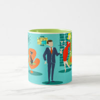 Retro Raum-Alters-Cartoon-Paar-Kaffee-Tasse