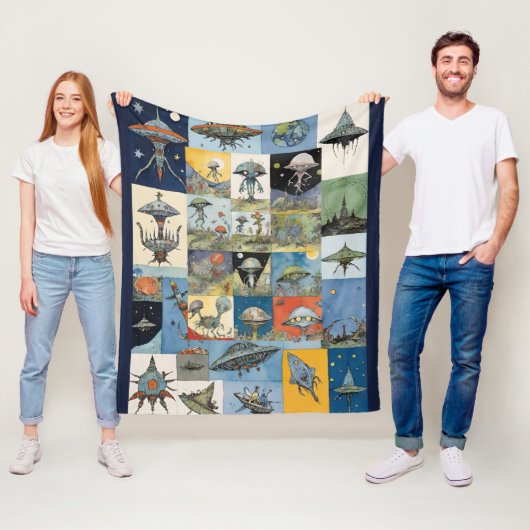 Retro-Raumschiffe und Außerirdische Navy Fleecedecke (Beispiel)