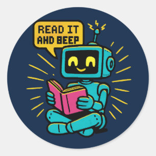 Retro Reading Robot Sticker - Pixel Art SciFi
