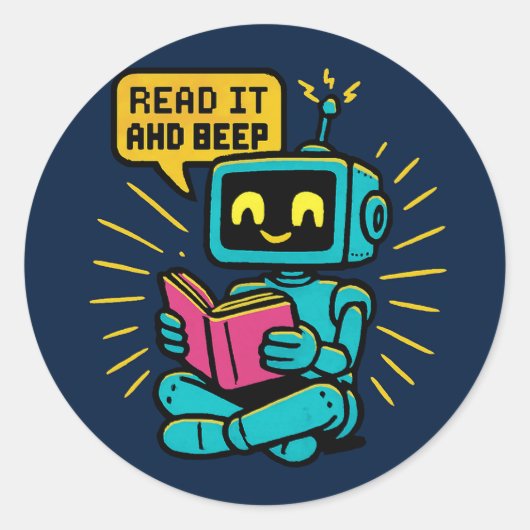 Retro Reading Robot Sticker - Pixel Art SciFi (Vorderseite)