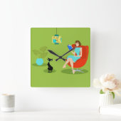 Retro Reading Woman Acrylic Wall Clock Quadratische Wanduhr (Zuhause)