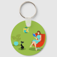 Retro Reading Woman Button Schlüsselanhänger