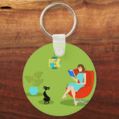 Retro Reading Woman Button Schlüsselanhänger (Vorderseite)