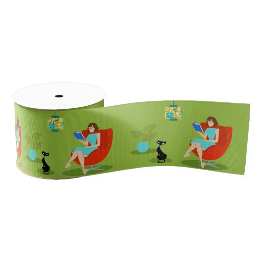 Retro Reading Woman Grosgrain Ribbon Ripsband (Spule)