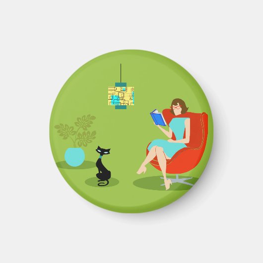 Retro Reading Woman Round Magnet (Vorne)