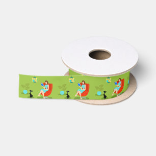 Retro Reading Woman Satin Ribbon Satinband