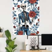 Retro-Rebellion: Skelett in Denim und Rose Poster (Heimbüro)