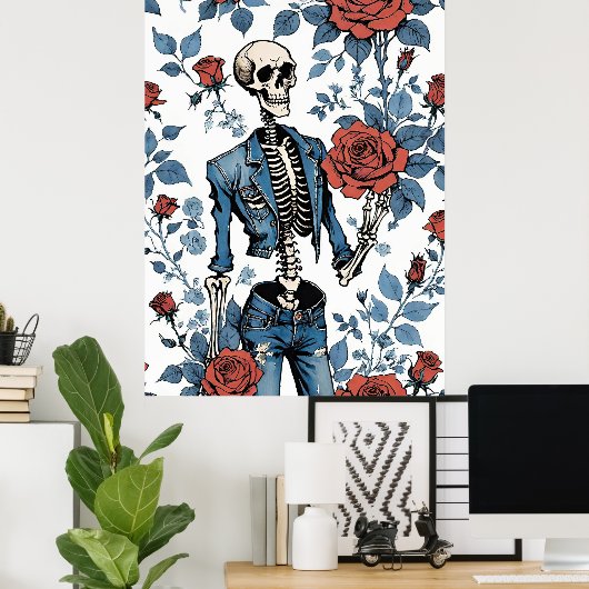 Retro-Rebellion: Skelett in Denim und Rose Poster (Heimbüro)