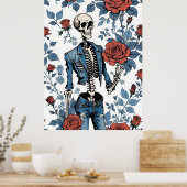 Retro-Rebellion: Skelett in Denim und Rose Poster (Küche)