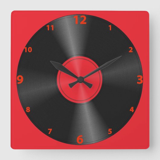 Retro, Record Album Red & Black Quadratische Wanduhr (Vorderseite)