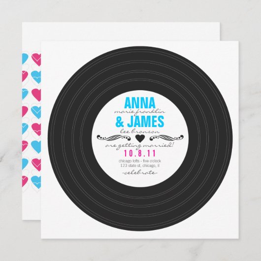 Retro Record Einladung mit Herz (Vorne/Hinten)