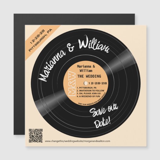 Retro Record Monogram QR Magnet Save the Date (Vorne/Hinten)