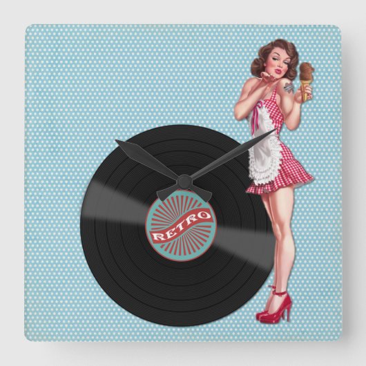 Retro Record Pin Up Girl Square Wall Clock Quadratische Wanduhr (Vorderseite)