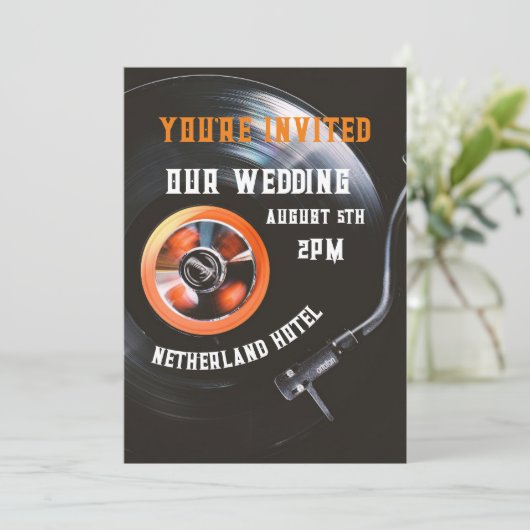 RETRO RECORD PLAYER CUSTOM WEDING EINLADEN EINLADUNG (Stehend Vorderseite)