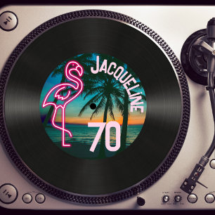 Retro Record Tropical Neon Flamingo 70. Geburtstag Einladung