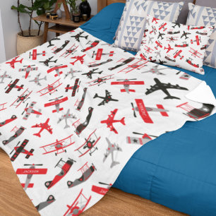 Retro Red and Black WWII Military Airplane Pattern Fleecedecke